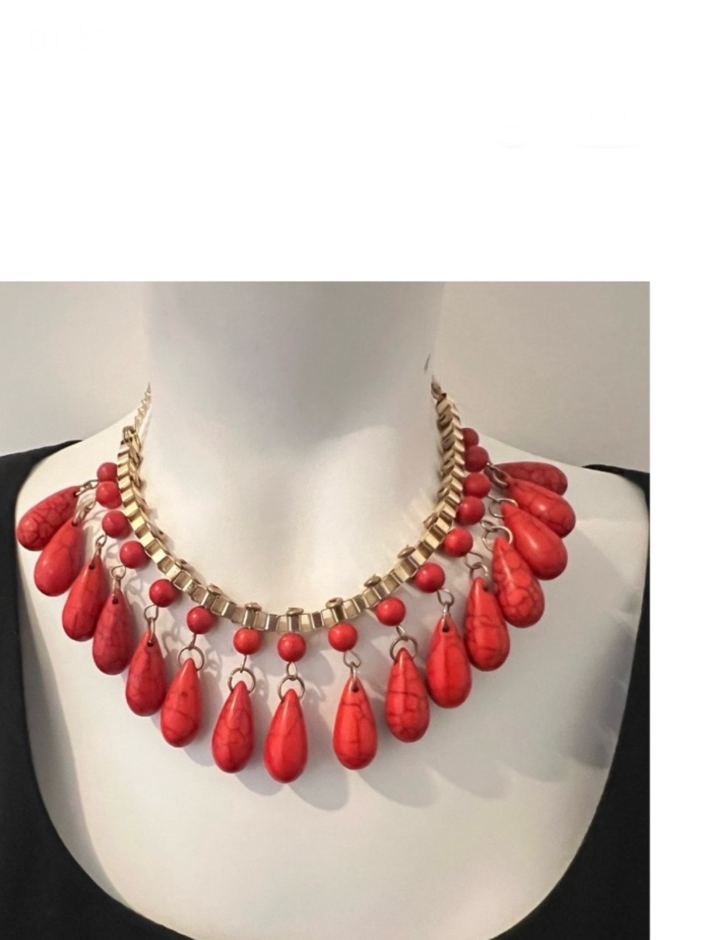 Red Bib Collar Necklace — Trendy Retro Inspired Marble Teardrops, Adjustable